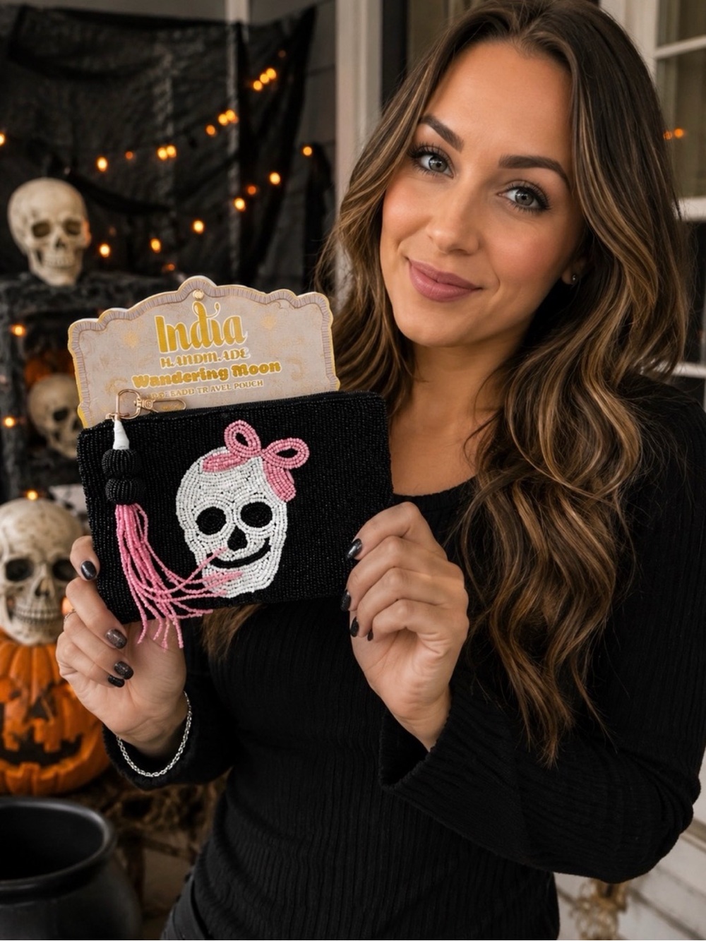 India Hicks Black Beaded Skull Wristlet with Pink Bow Accent